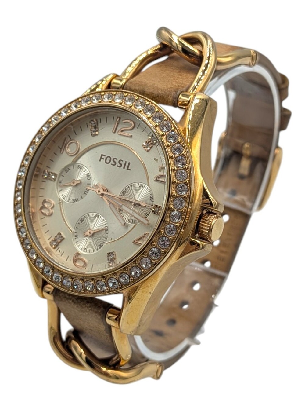 Fossil Watch Riley Women's Beige Gold Crystal Bezel Analog Dial Quartz Wristwatc